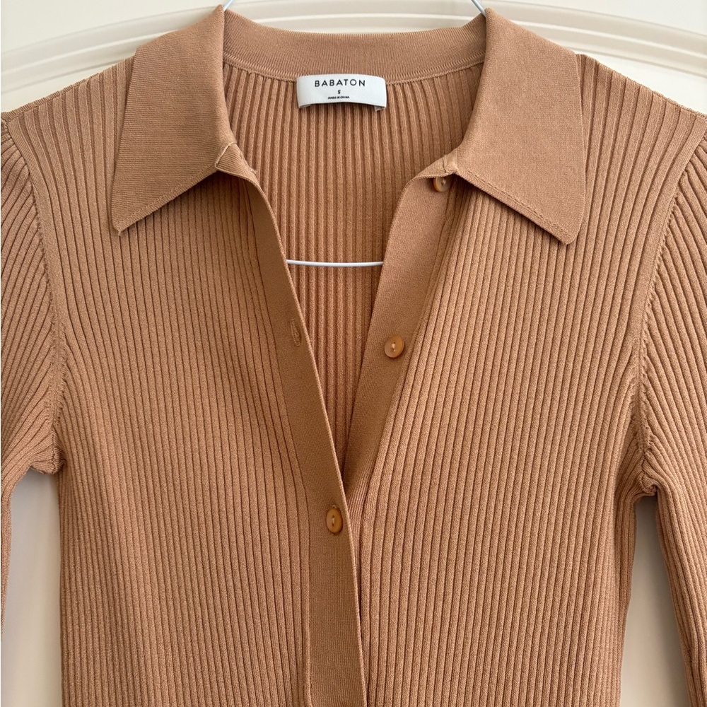Babaton Camel Ribbed Knit Cardigan